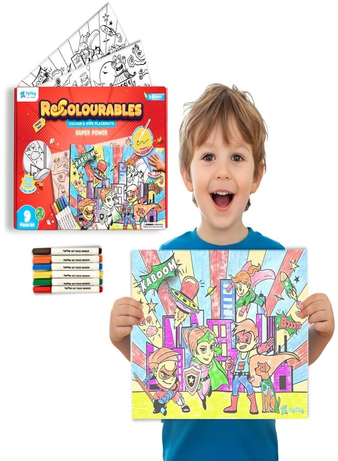 PepPlay Recolourables Doodle Mats - Super Power | 2 Coloring mat, 6 Quick-Dry, Smudge-Free Markers, Mess-Free, Reusable Travel Art Kit for Kids Ages 3, 4, 5, 6, 7 | Superhero Gift for Boys & Girls - Image 1